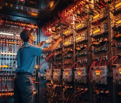 Electrician Engineer Checking Electric Current Voltage at Circuit Breaker and Cable Wiring System, Concept of Electrical Maintenance Service. Generative AI. Electrician Engineer Checking Electric Current Voltage at Circuit Breaker and Cable Wiring System, Concept of Electrical Maintenance Service. Generative AI.