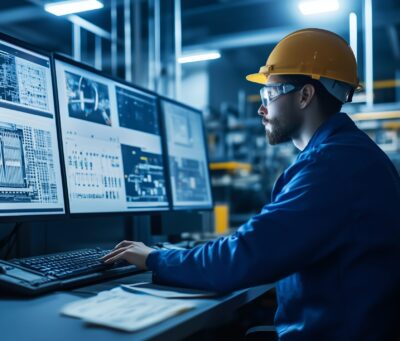 A technician analyzes engineering data on multiple screens in an industrial workspace during late hours of the day A technician wearing safety gear focuses on detailed engineering data presented across several monitors in a well-lit industrial environment during evening hours.